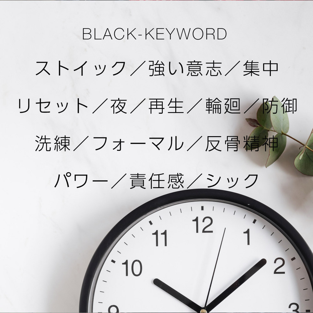 ストイック／強い意志／集中／リセット／夜／再生／輪廻／防御洗練／フォーマル／反骨精神／パワー／責任感／シック