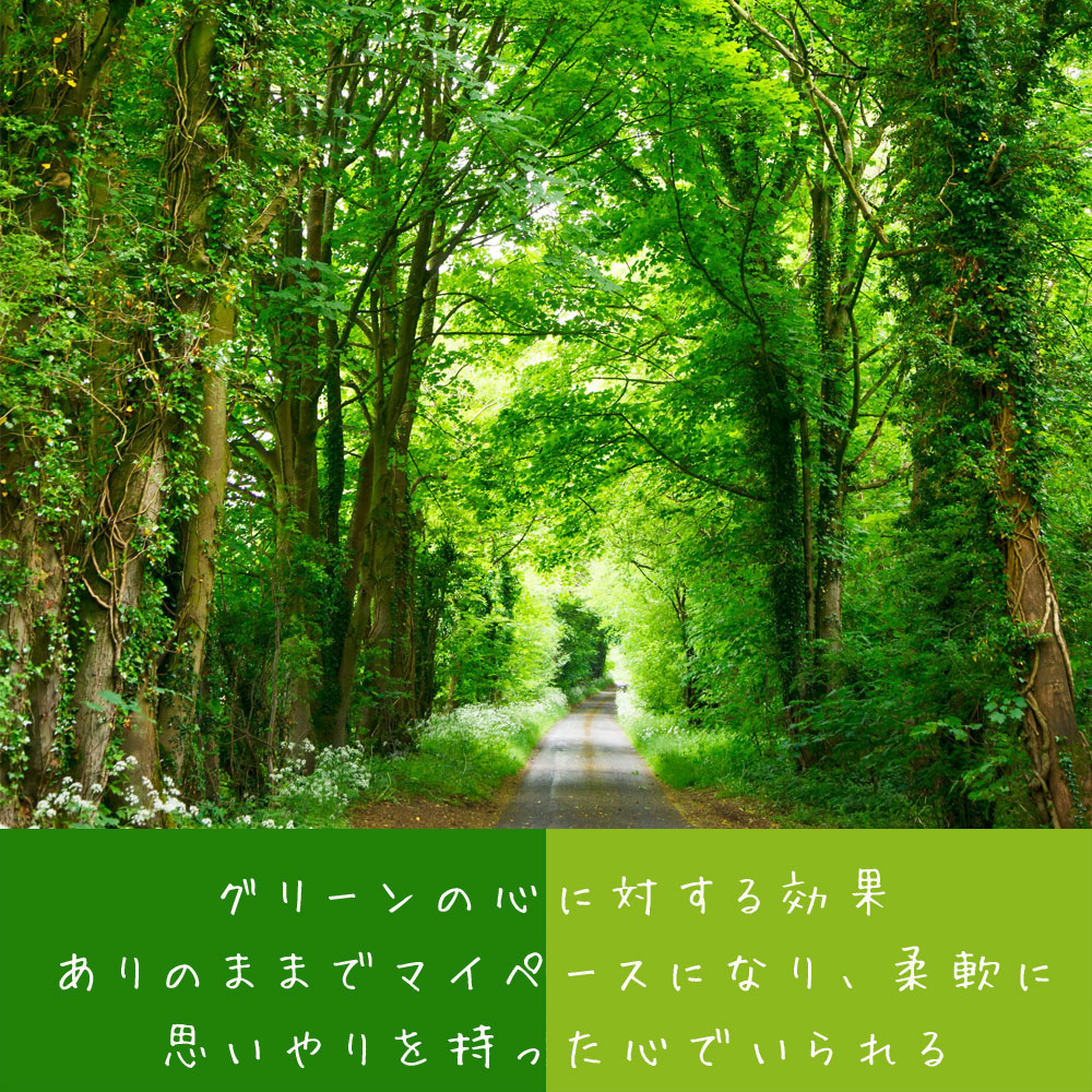 グリーンの心に対する効果 ありのままでマイペースになり、柔軟に 思いやりを持った心でいられる