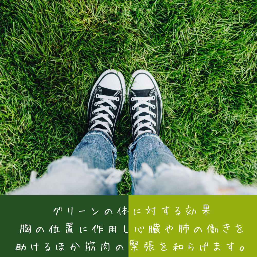グリーンの体に対する効果 胸の位置に作用し心臓や肺の働きを 助けるほか筋肉の緊張を和らげます。